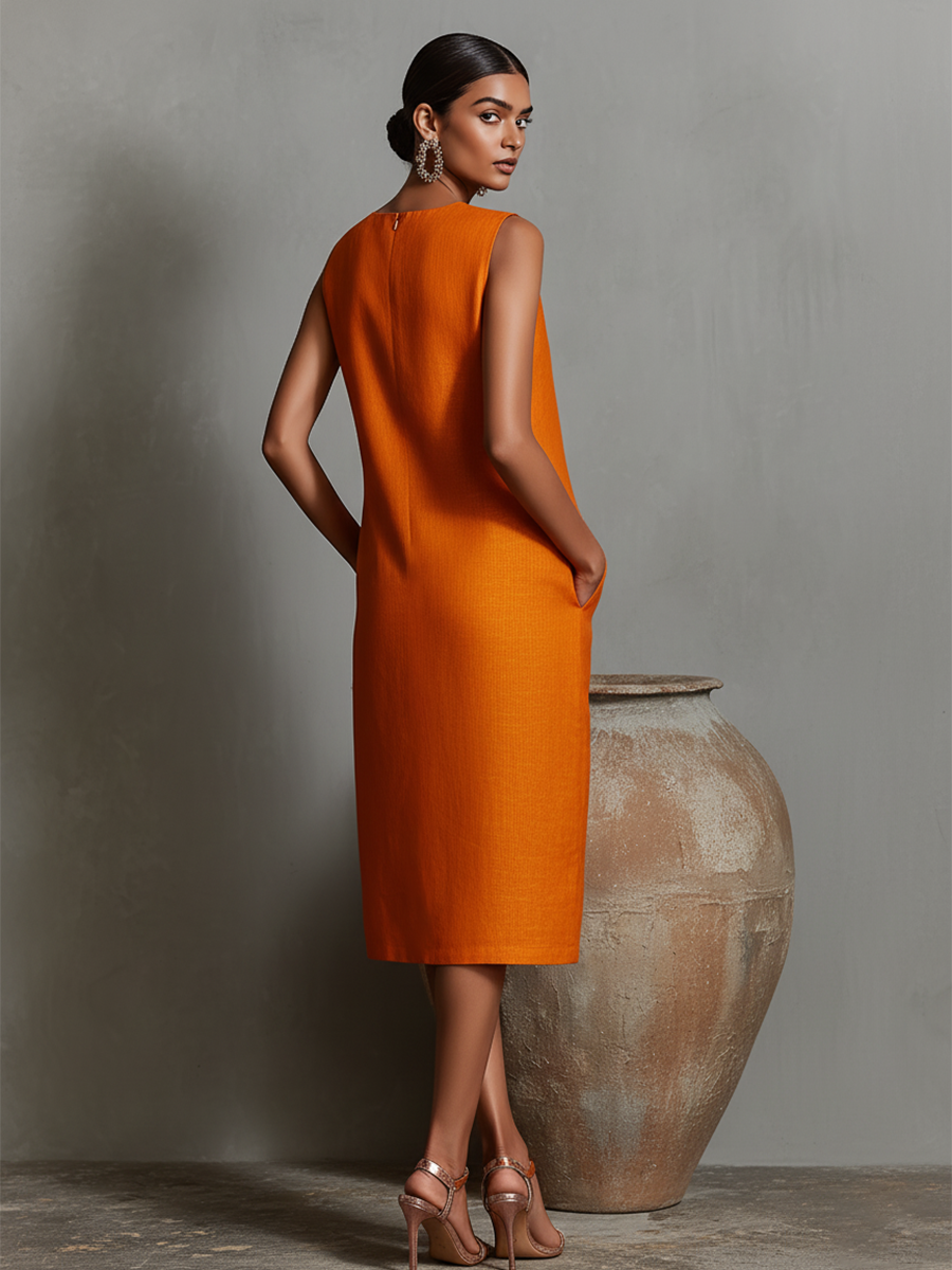 Women's Linen Shift Midi Dress with Pockets – detail view | Hensley London