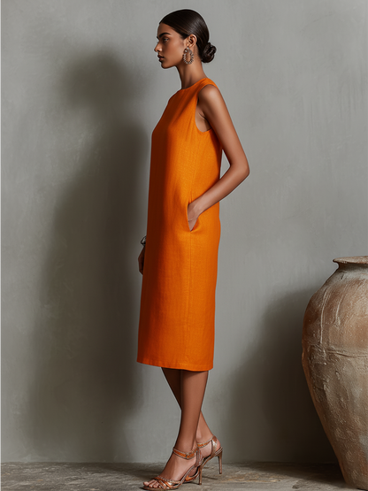 Women's Linen Shift Midi Dress with Pockets – detail view | Hensley London