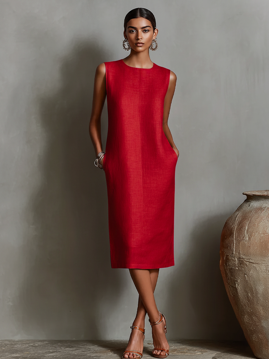 Women's Linen Shift Midi Dress with Pockets – detail view | Hensley London