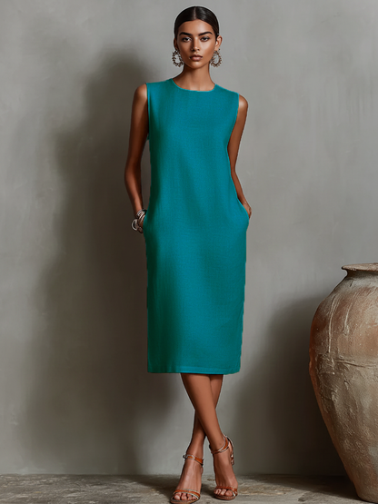 Women's Linen Shift Midi Dress with Pockets – detail view | Hensley London