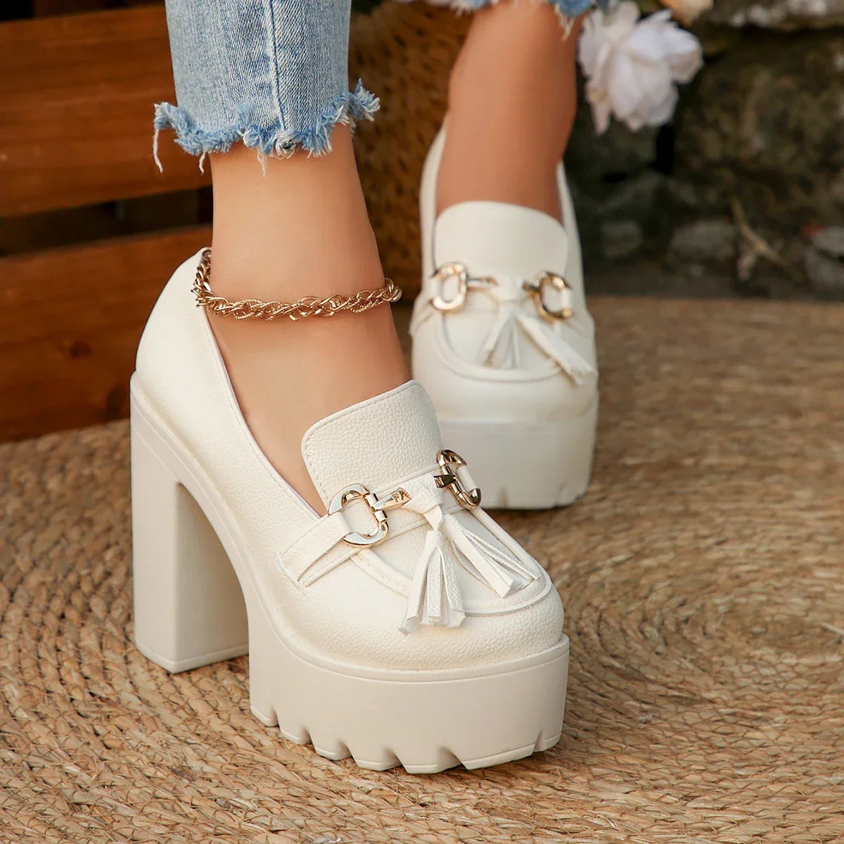 Women's Platform Loafers with Chunky Block Heels in Beige – product view 5 | Hensley London