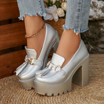 Women's Platform Loafers with Chunky Block Heels in Silver – product view 6 | Hensley London