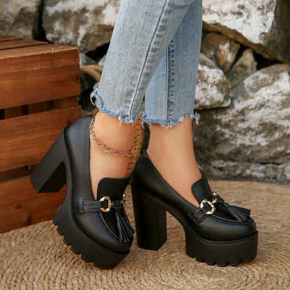 Women's Platform Loafers with Chunky Block Heels in Black – product view 7 | Hensley London