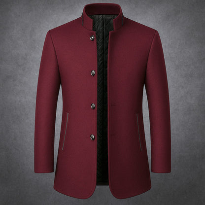 Men's Wool Quilted-Lined Stand-Collar Coat in Burgundy - product view | Hensley London