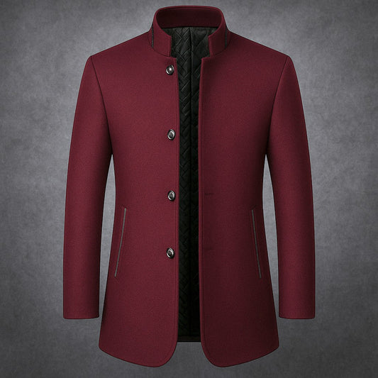Men's Wool Quilted-Lined Stand-Collar Coat in Burgundy - product view | Hensley London