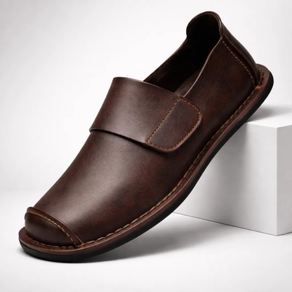 Men's Genuine Leather Crossover-Strap Loafers in Brown – front view | Hensley London