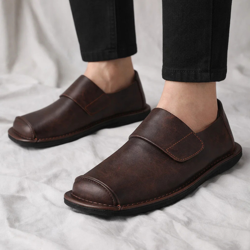 Men's Genuine Leather Crossover-Strap Loafers in Brown – side view | Hensley London