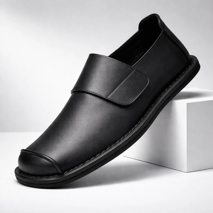 Men's Genuine Leather Crossover-Strap Loafers in Black – front view | Hensley London
