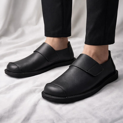 Men's Genuine Leather Crossover-Strap Loafers in Black – side view | Hensley London