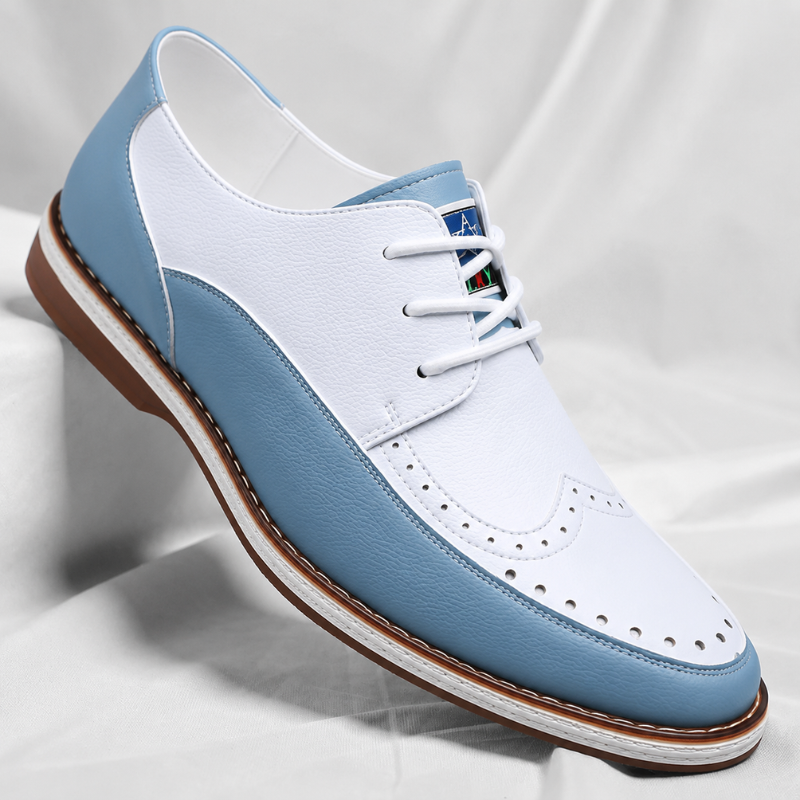 Men's Two-Tone Leather Brogue Derby Shoes – perforation detail | Hensley London