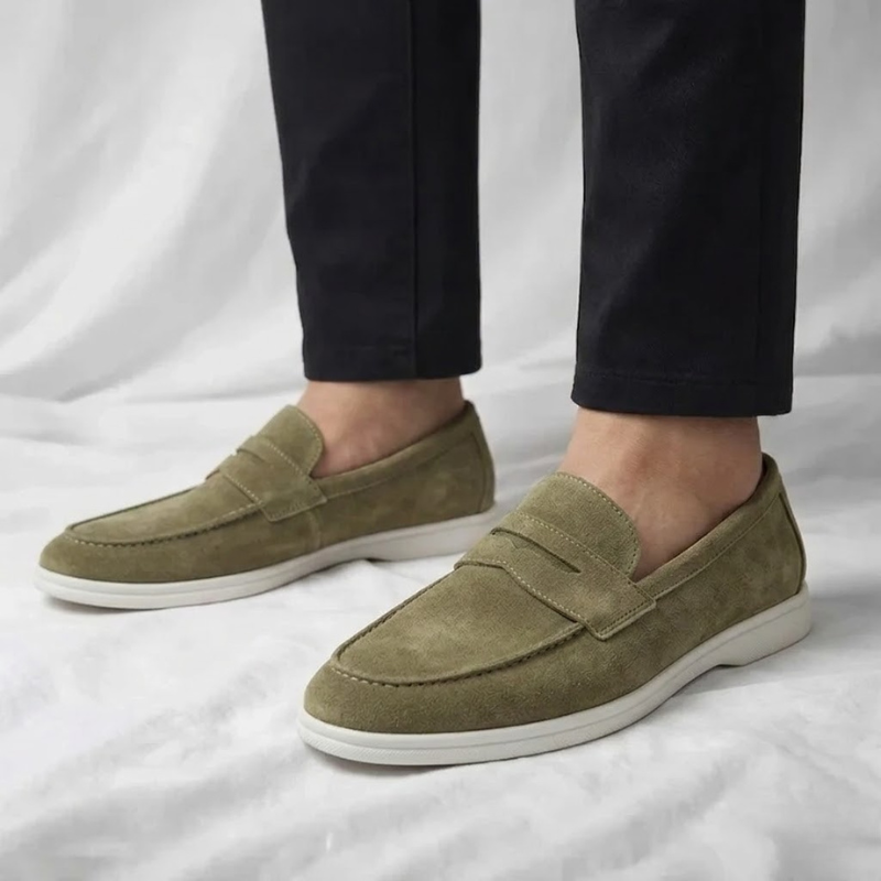 Men's Suede Penny Loafers – side view | Hensley London