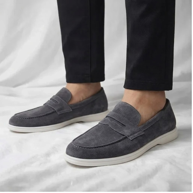 Men's Suede Penny Loafers – angle view | Hensley London