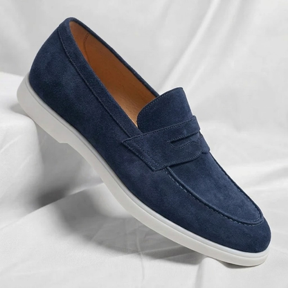 Men's Suede Penny Loafers – close-up view | Hensley London