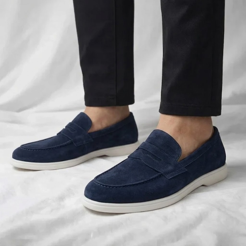 Men's Suede Penny Loafers – lifestyle view | Hensley London