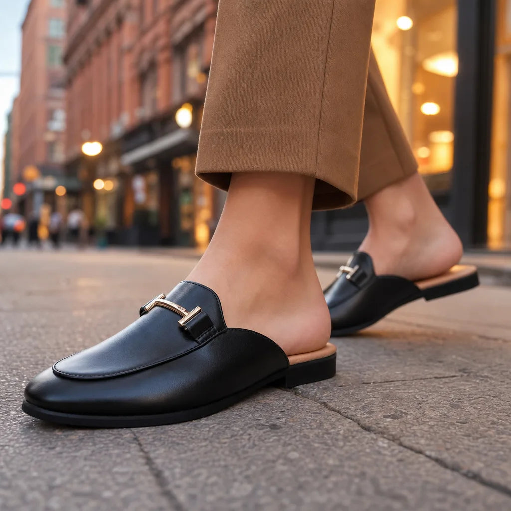 Women's Metal-Bit Closed-Toe Mule Loafers – backless view | Hensley London