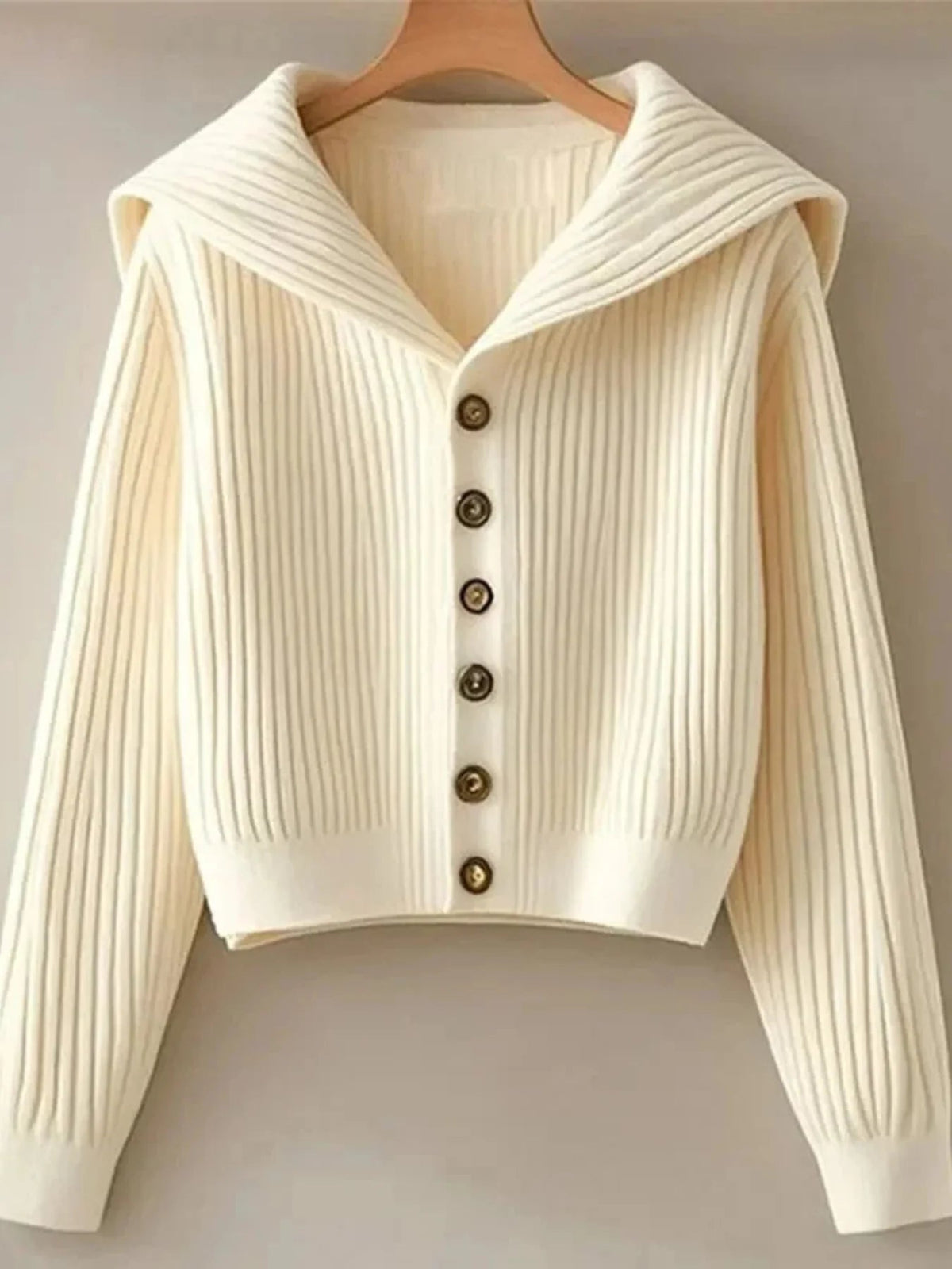 Women's Cotton Blend Rib Knit Collared Cardigan in Beige - product view | Hensley London