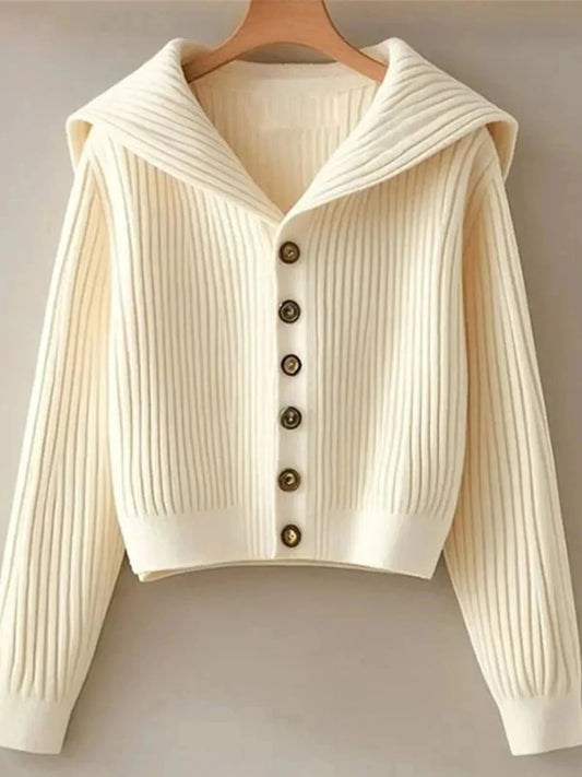Women's Cotton Blend Rib Knit Collared Cardigan in Beige - product view | Hensley London