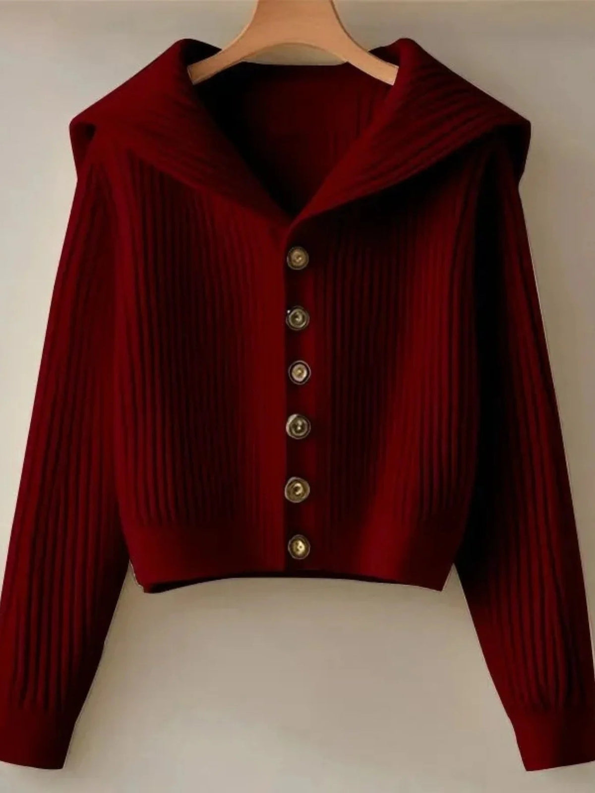 Women's Cotton Blend Rib Knit Collared Cardigan in Wine Red - product view | Hensley London