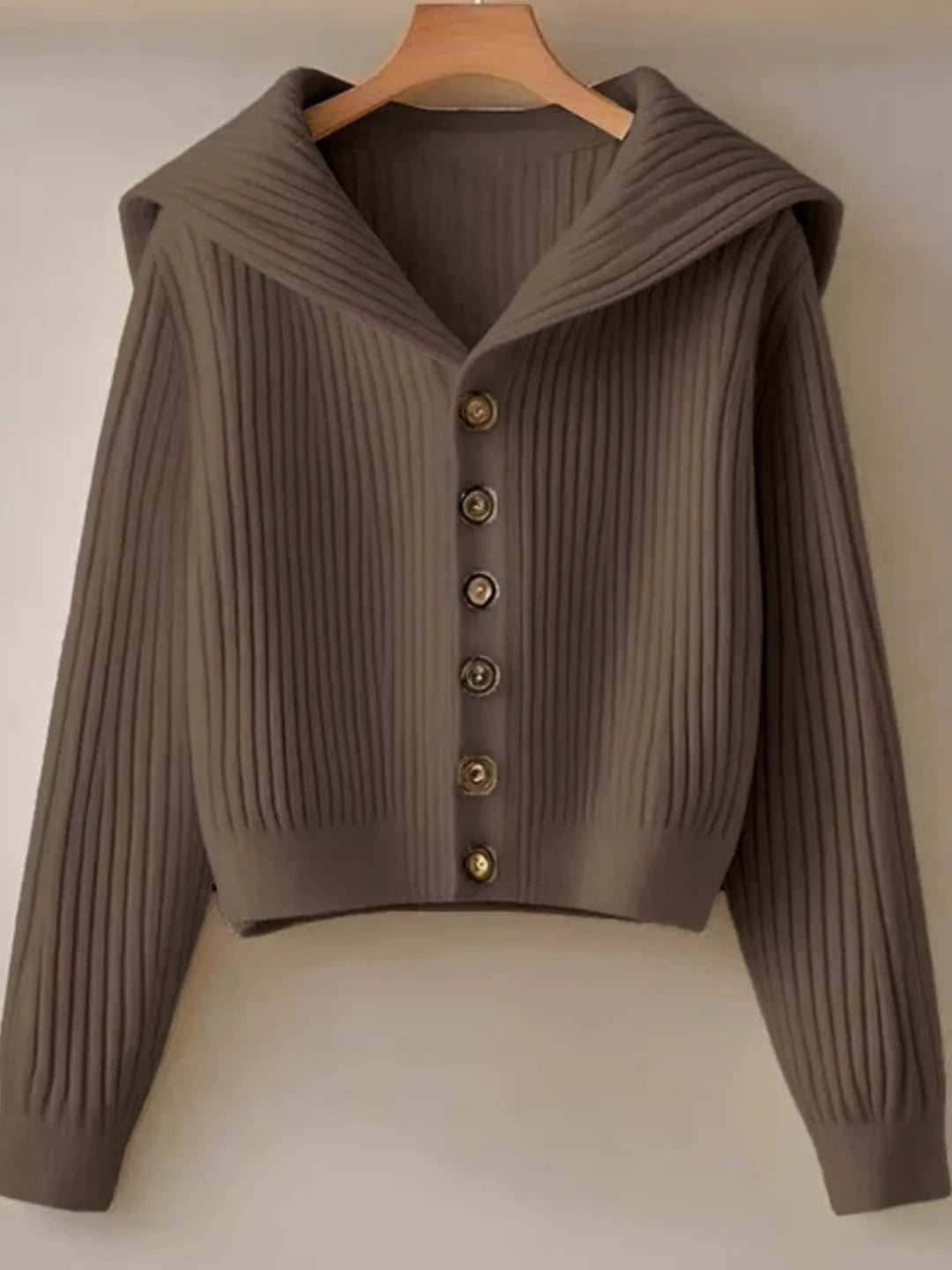 Women's Cotton Blend Rib Knit Collared Cardigan in Brown - product view | Hensley London