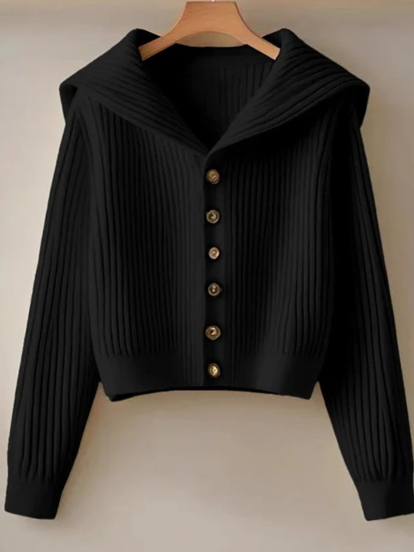 Women's Cotton Blend Rib Knit Collared Cardigan in Black - product view | Hensley London