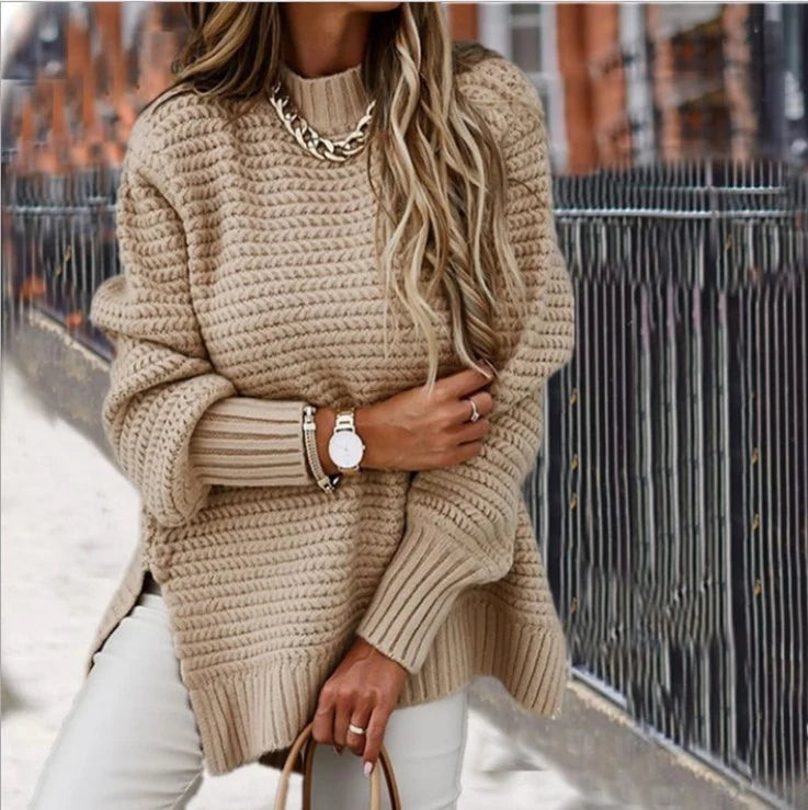 Women's Chunky Knit Split-Hem Sweater in Khaki – product view | Hensley London