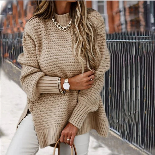 Women's Chunky Knit Split-Hem Sweater in Khaki – product view | Hensley London