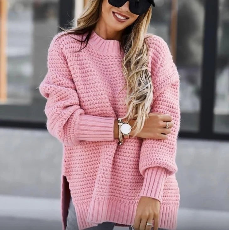 Women's Chunky Knit Split-Hem Sweater in Pink – additional product view | Hensley London