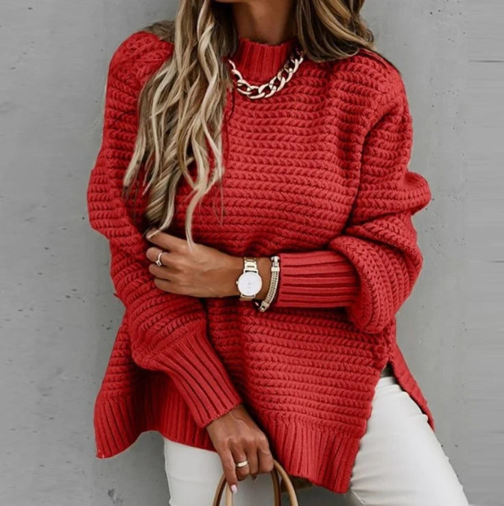 Women's Chunky Knit Split-Hem Sweater in Wine Red – additional product view | Hensley London