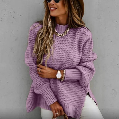 Women's Chunky Knit Split-Hem Sweater in Purple – additional product view | Hensley London