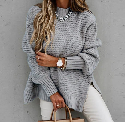 Women's Chunky Knit Split-Hem Sweater in Gray – additional product view | Hensley London