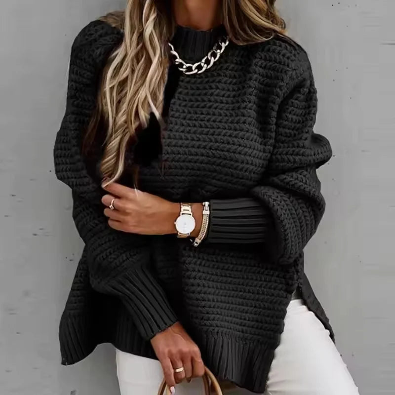 Women's Chunky Knit Split-Hem Sweater in Black – additional product view | Hensley London