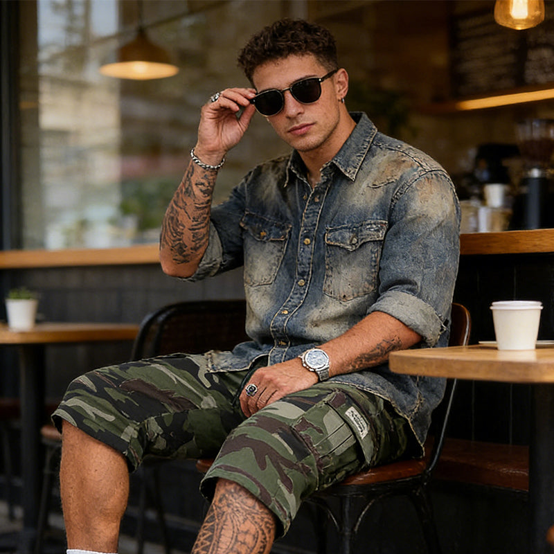 Men's Camouflage Cargo Shorts - Olive Green | Hensley London