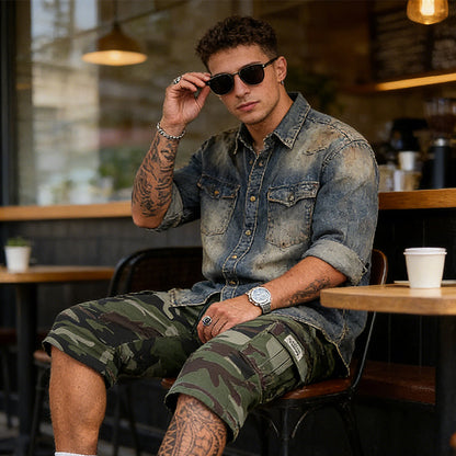 Men's Camouflage Cargo Shorts - Olive Green | Hensley London
