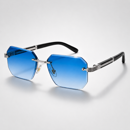 Rimless Polygon Sunglasses in Blue – front view | Hensley London