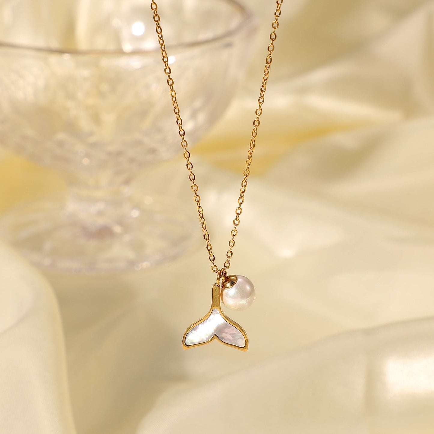 Mermaid Tail Pendant Freshwater Pearl Necklace with Gold Chain – Hypoallergenic and Water Resistant 4