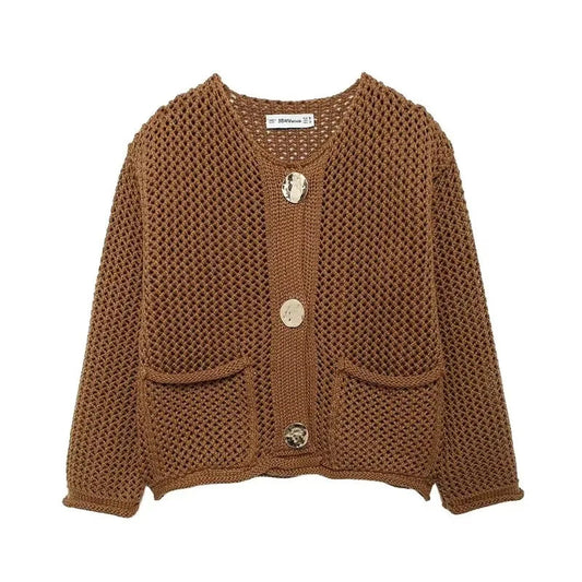 Women's Long Mesh-Knit Cardigan with Front Pockets and Gold-Tone Buttons 1