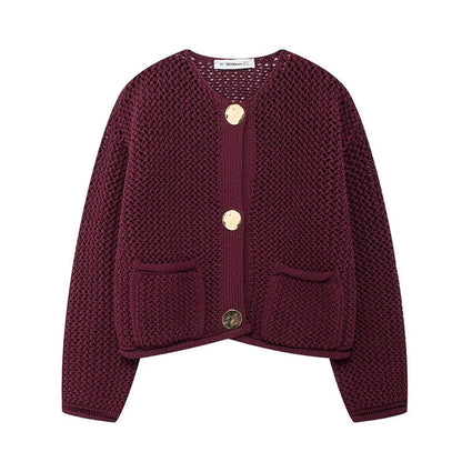 Women's Long Mesh-Knit Cardigan with Front Pockets and Gold-Tone Buttons 2