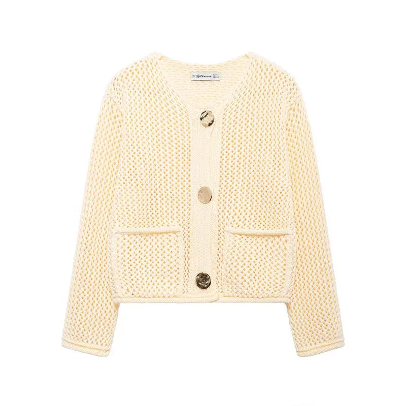 Women's Long Mesh-Knit Cardigan with Front Pockets and Gold-Tone Buttons 11
