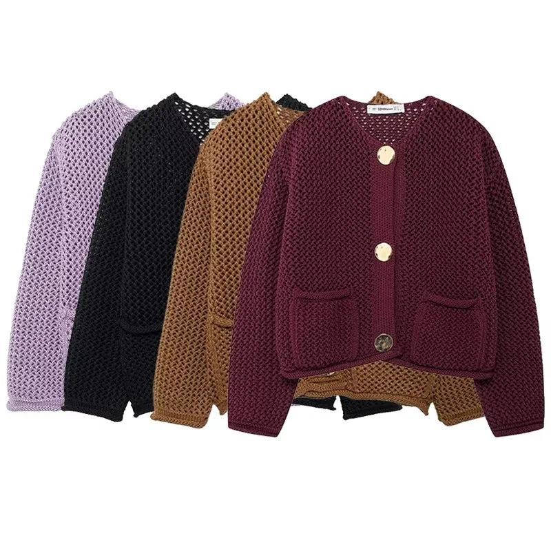 Women's Long Mesh-Knit Cardigan with Front Pockets and Gold-Tone Buttons 3