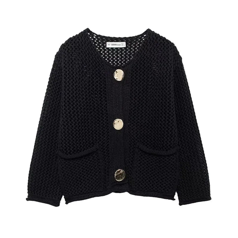 Women's Long Mesh-Knit Cardigan with Front Pockets and Gold-Tone Buttons 4