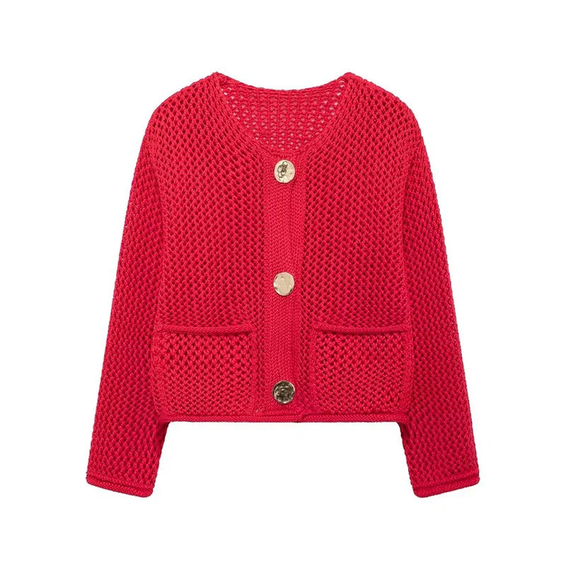 Women's Long Mesh-Knit Cardigan with Front Pockets and Gold-Tone Buttons 8