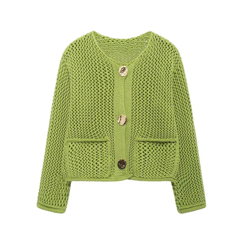 Women's Long Mesh-Knit Cardigan with Front Pockets and Gold-Tone Buttons 10
