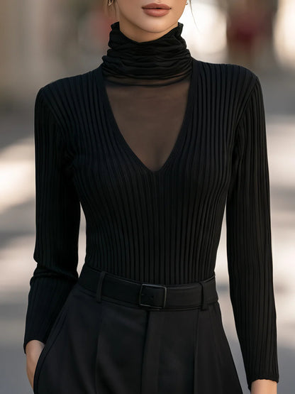Women's Mesh-Panel Ribbed Mock-Neck Sweater – product view 1