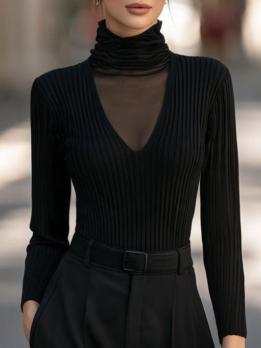 Women's Mesh-Panel Ribbed Mock-Neck Sweater – product view 1