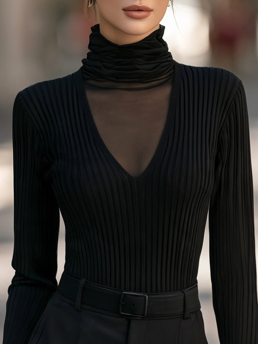Women's Mesh-Panel Ribbed Mock-Neck Sweater – product view 2