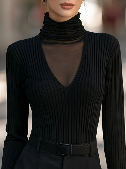 Women's Mesh-Panel Ribbed Mock-Neck Sweater – product view 2
