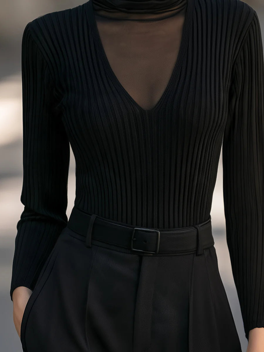Women's Mesh-Panel Ribbed Mock-Neck Sweater – product view 3