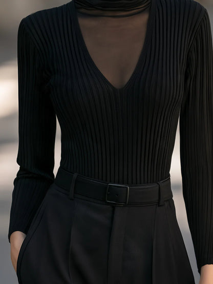 Women's Mesh-Panel Ribbed Mock-Neck Sweater – product view 3