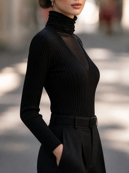 Women's Mesh-Panel Ribbed Mock-Neck Sweater – product view 5