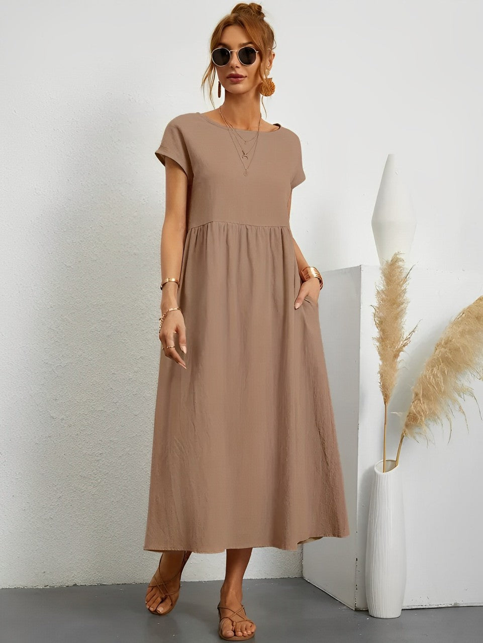 Variant image for Women's Summer Dress Beige Lightweight Cotton-16